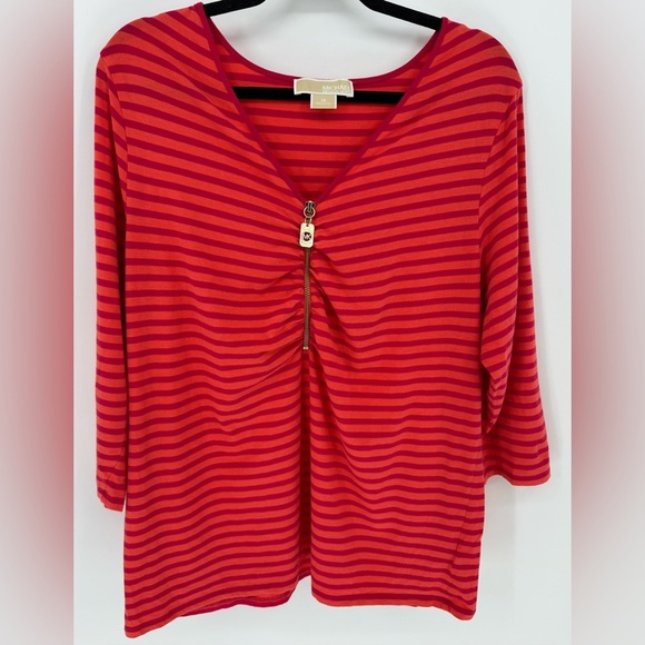 Michael Kors striped 3/4 sleeve half zip top - Picture 1 of 13